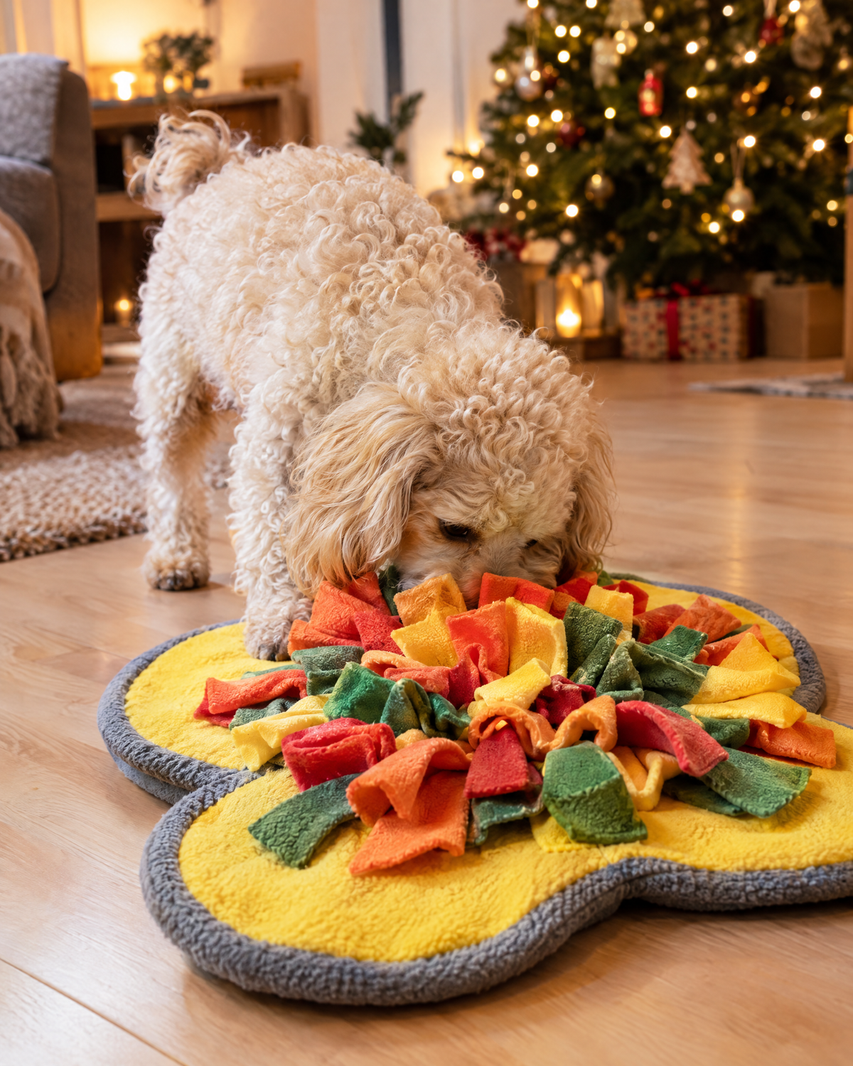Perro buscando premios en la alfombra olfativa junto al árbol de Navidad